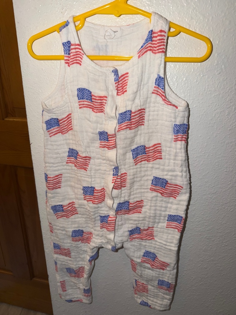 Angel Dear White Muslin One-Piece with Red and Blue Flag Print